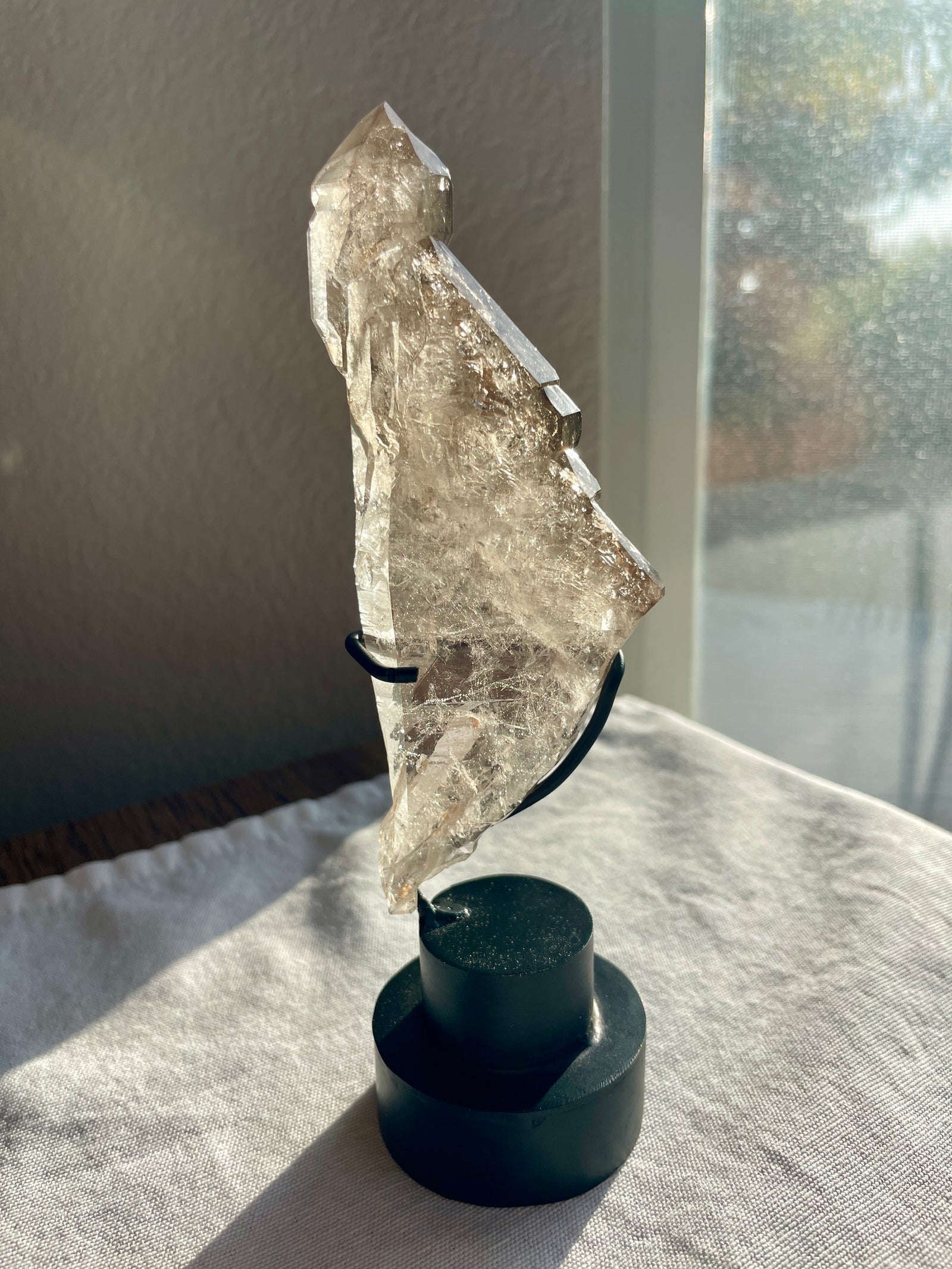 Tabby Smoky Elestial Quartz Point on Custom Stand