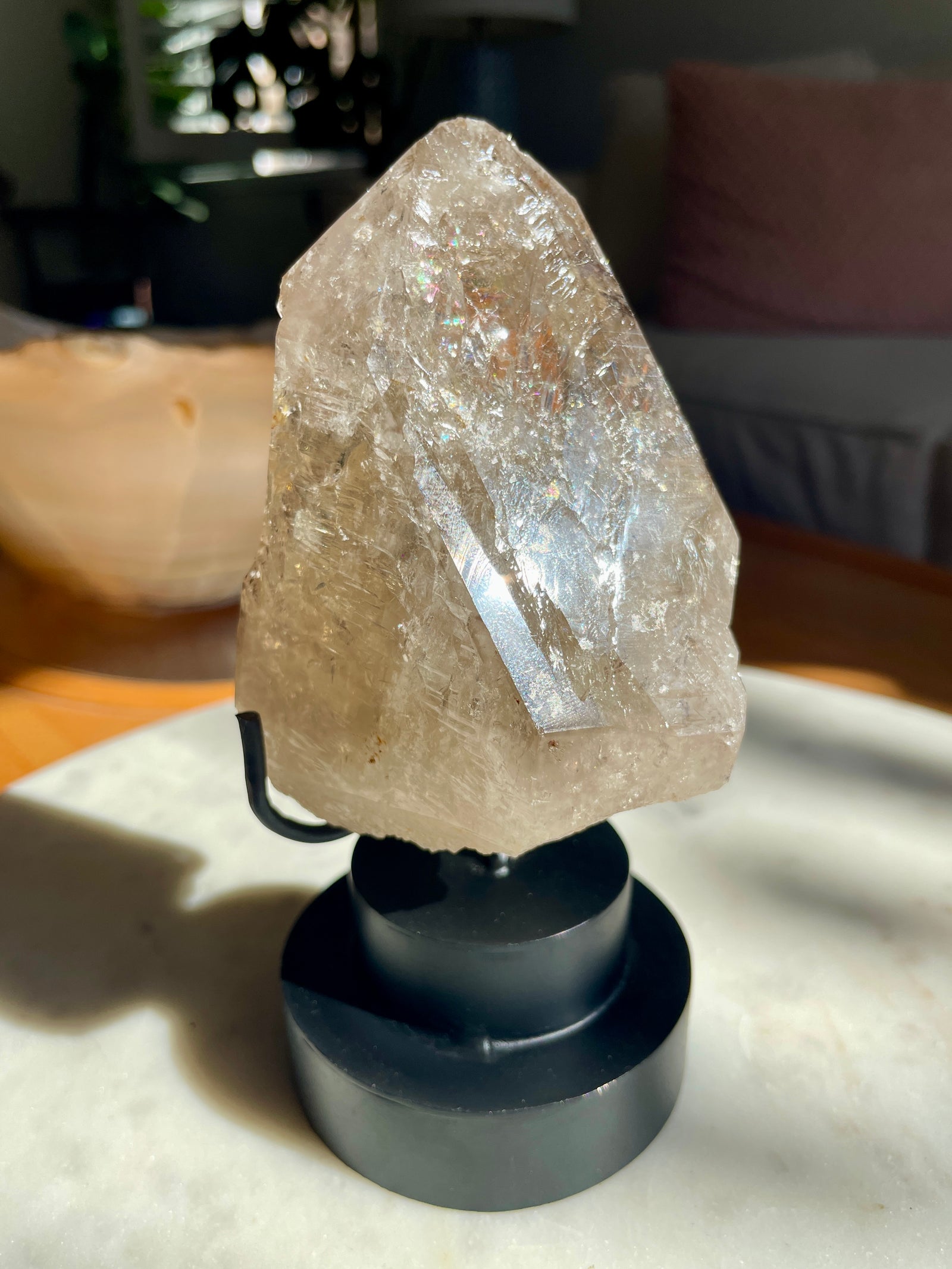 Unpolished Smoky Elestial Point in Custom Stand