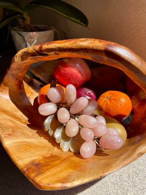 Vintage Rose Quartz Grape Bunch with Leaves