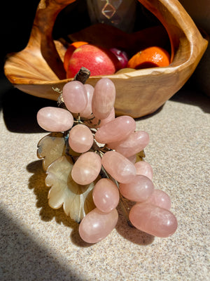 Vintage Rose Quartz Grape Bunch with Leaves