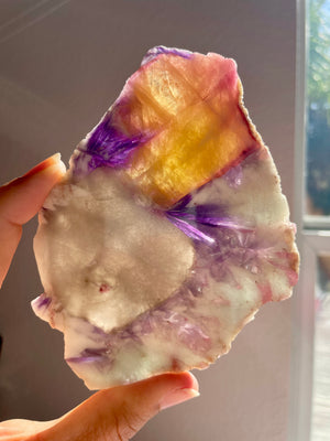 Russian Pink & Yellow Tourmaline Slice with Smoky Quartz and Lepidolite