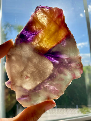 Russian Pink & Yellow Tourmaline Slice with Smoky Quartz and Lepidolite