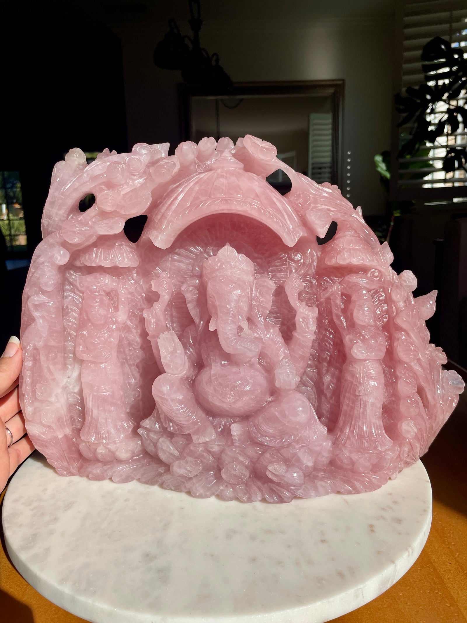 Majestic Rose Quartz Ganesha Carving
