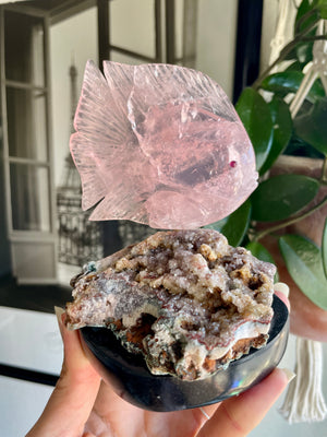 Rose Quartz Fish on Pink Amethyst Geode Cluster