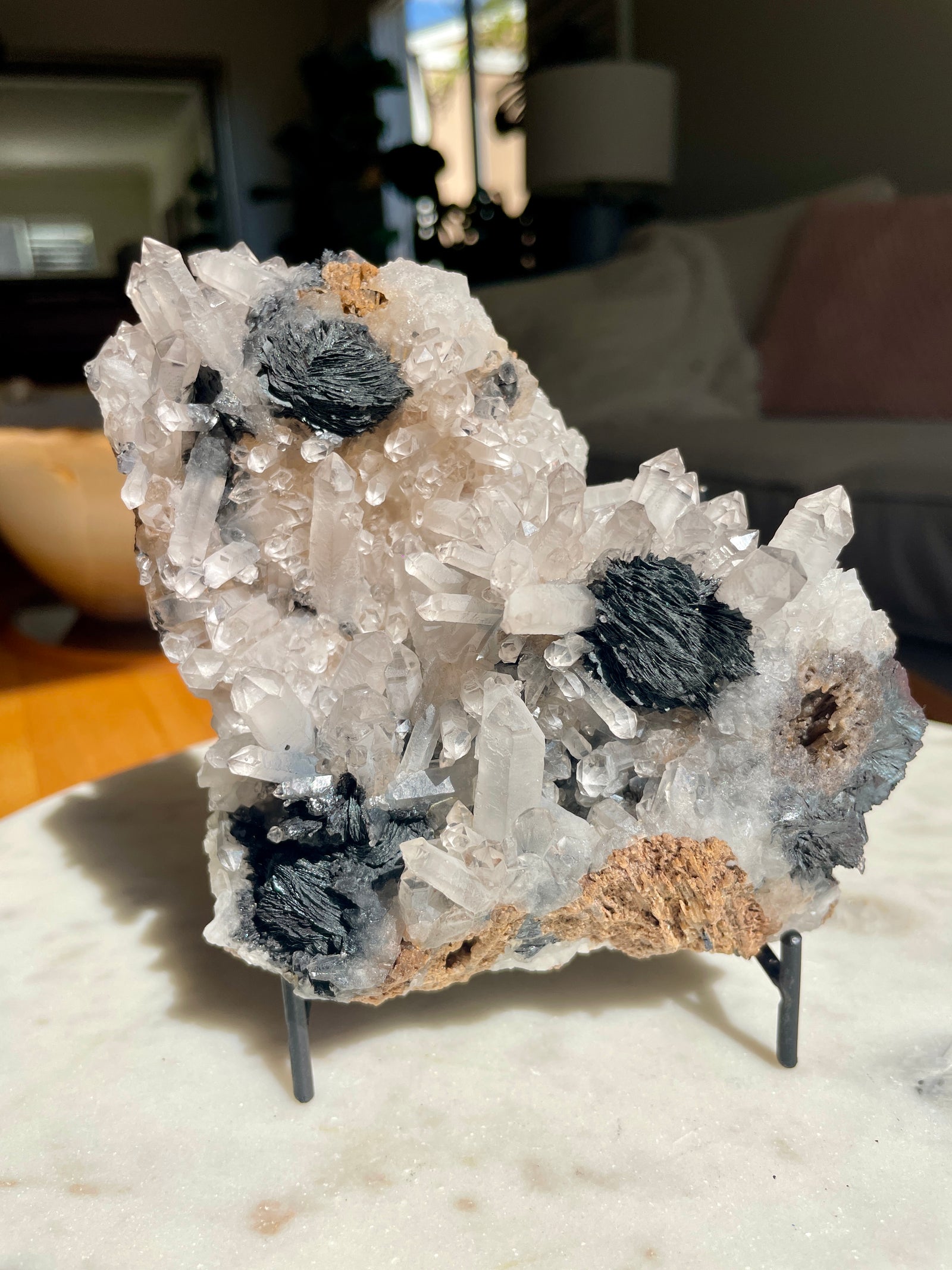 Hematite Roses with Quartz Cluster on Stand