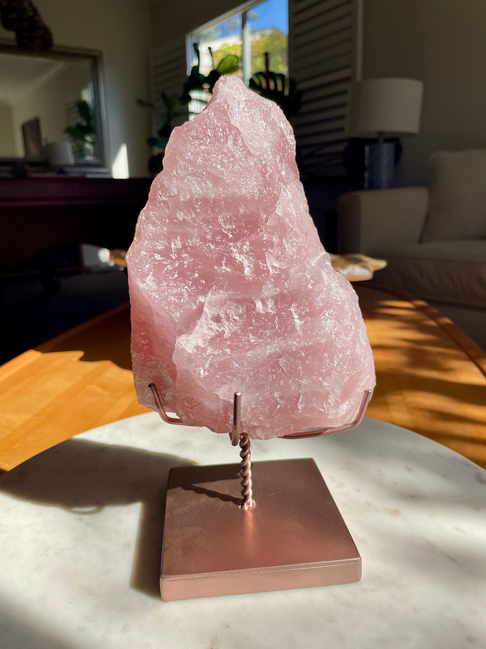 Raw Rose Quartz on Custom Stand