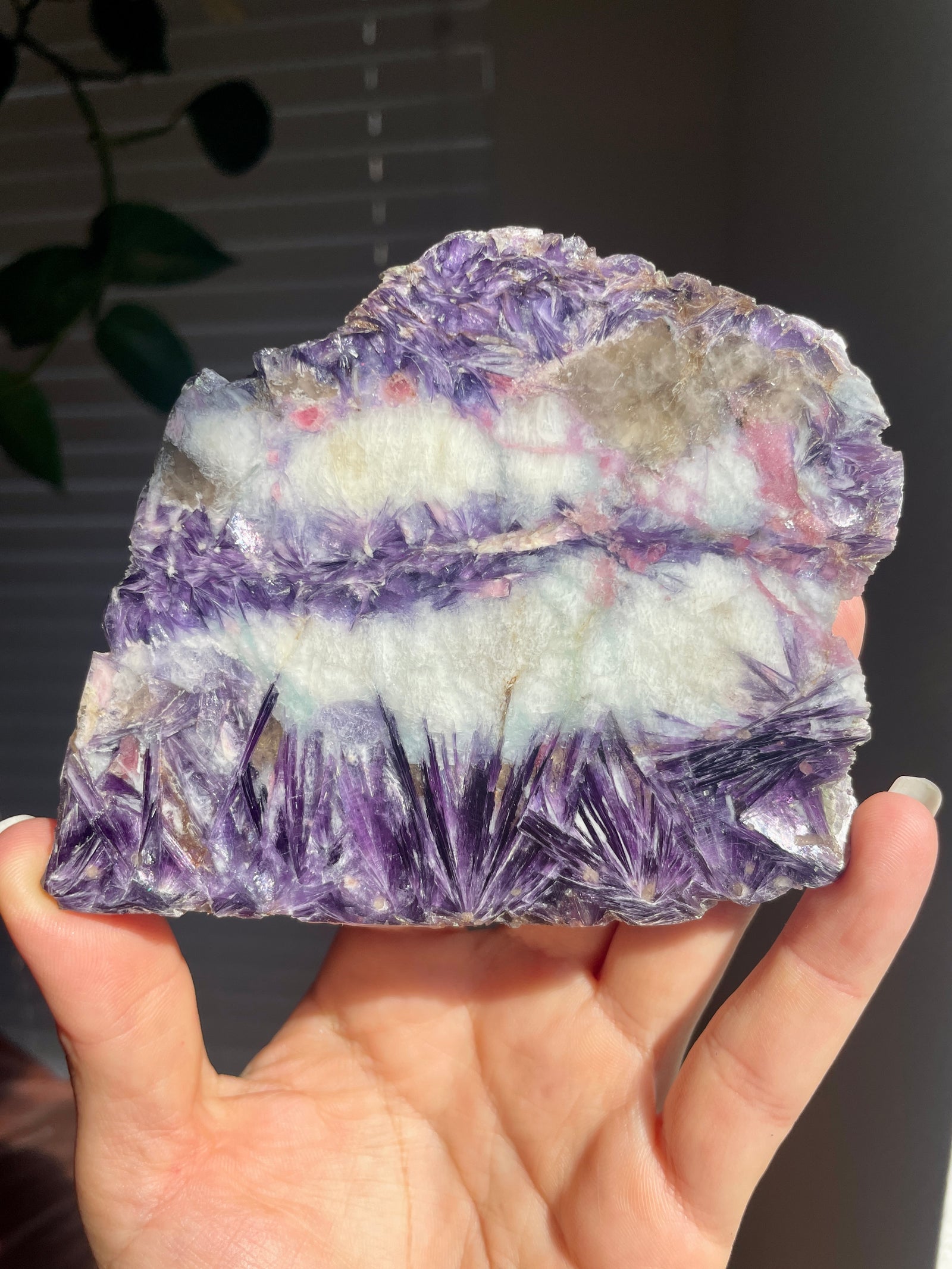 Russian Lepidolite, Pink Tourmaline and Smoky Quartz Slab with Stand