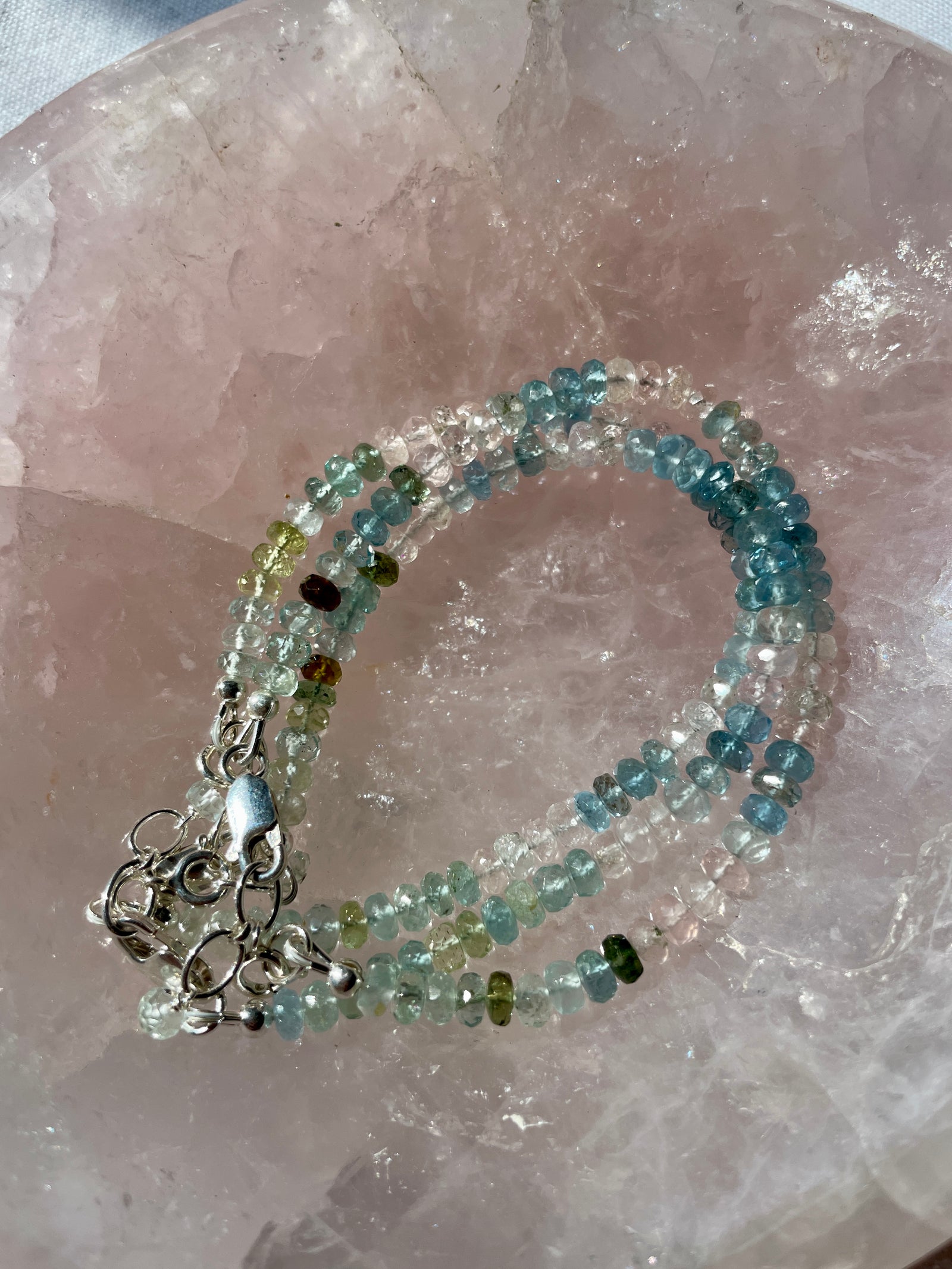 Aquamarine, Morganite and Hiddenite Bracelet in Sterling Silver