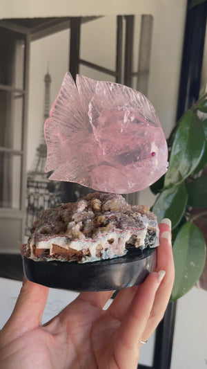 Rose Quartz Fish on Pink Amethyst Geode Cluster