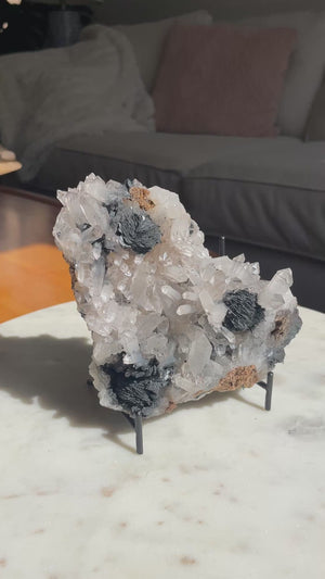 Hematite Roses with Quartz Cluster on Stand