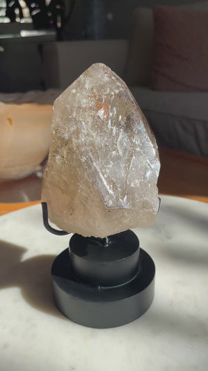 Unpolished Smoky Elestial Point in Custom Stand