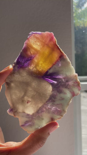 Russian Pink & Yellow Tourmaline Slice with Smoky Quartz and Lepidolite
