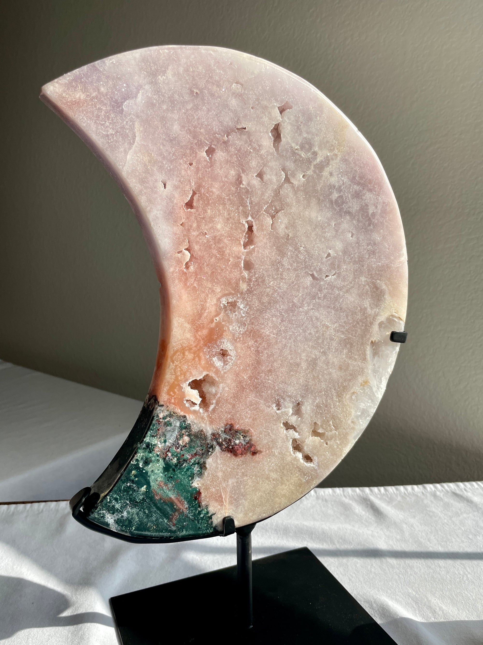 Breathtaking Pink Amethyst Crescent Moon on Stand