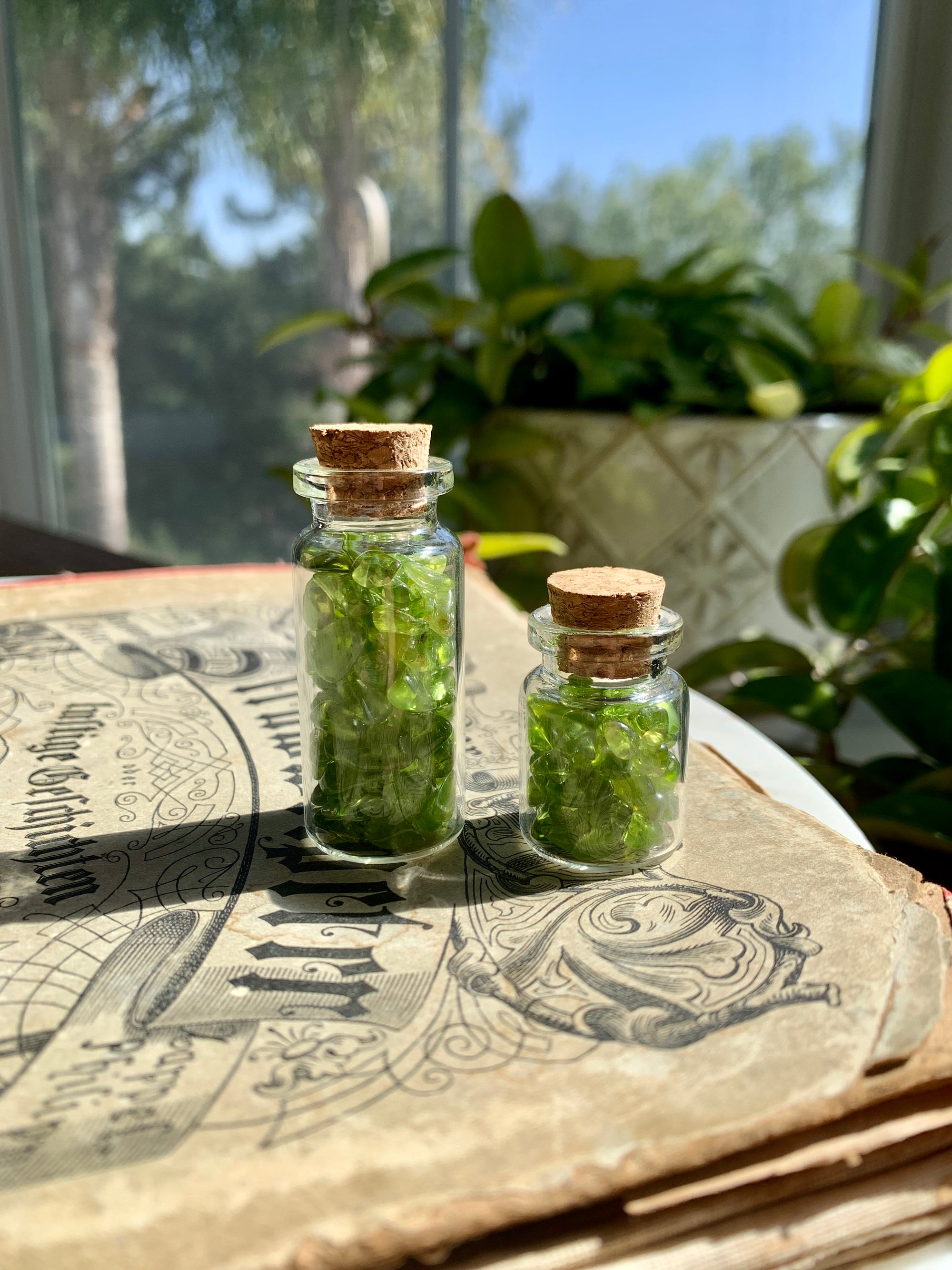 Arizona Peridot Tumbled Chips in a Glass Bottle ~ Pick Your Size!