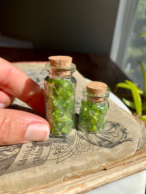 Arizona Peridot Tumbled Chips in a Glass Bottle ~ Pick Your Size!