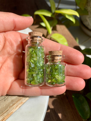 Arizona Peridot Tumbled Chips in a Glass Bottle ~ Pick Your Size!